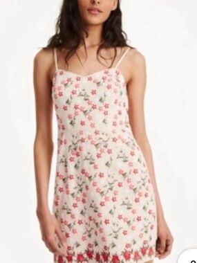 Club Monaco Cream Red and White Ditsy Floral Strappy Embroidered Cute Mini Dress